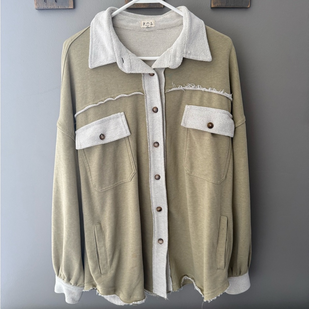 Olive Green Button-Up Jacket with Pockets